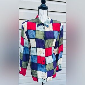Rare Vintage Riva Silk Checkerboard Button-Up Shirt - Multi Color, XL, 100% silk